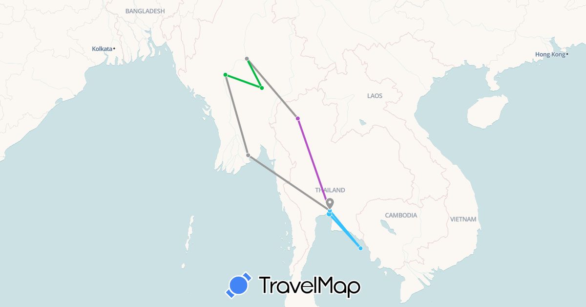 TravelMap itinerary: driving, bus, plane, train, boat in Myanmar (Burma), Thailand (Asia)